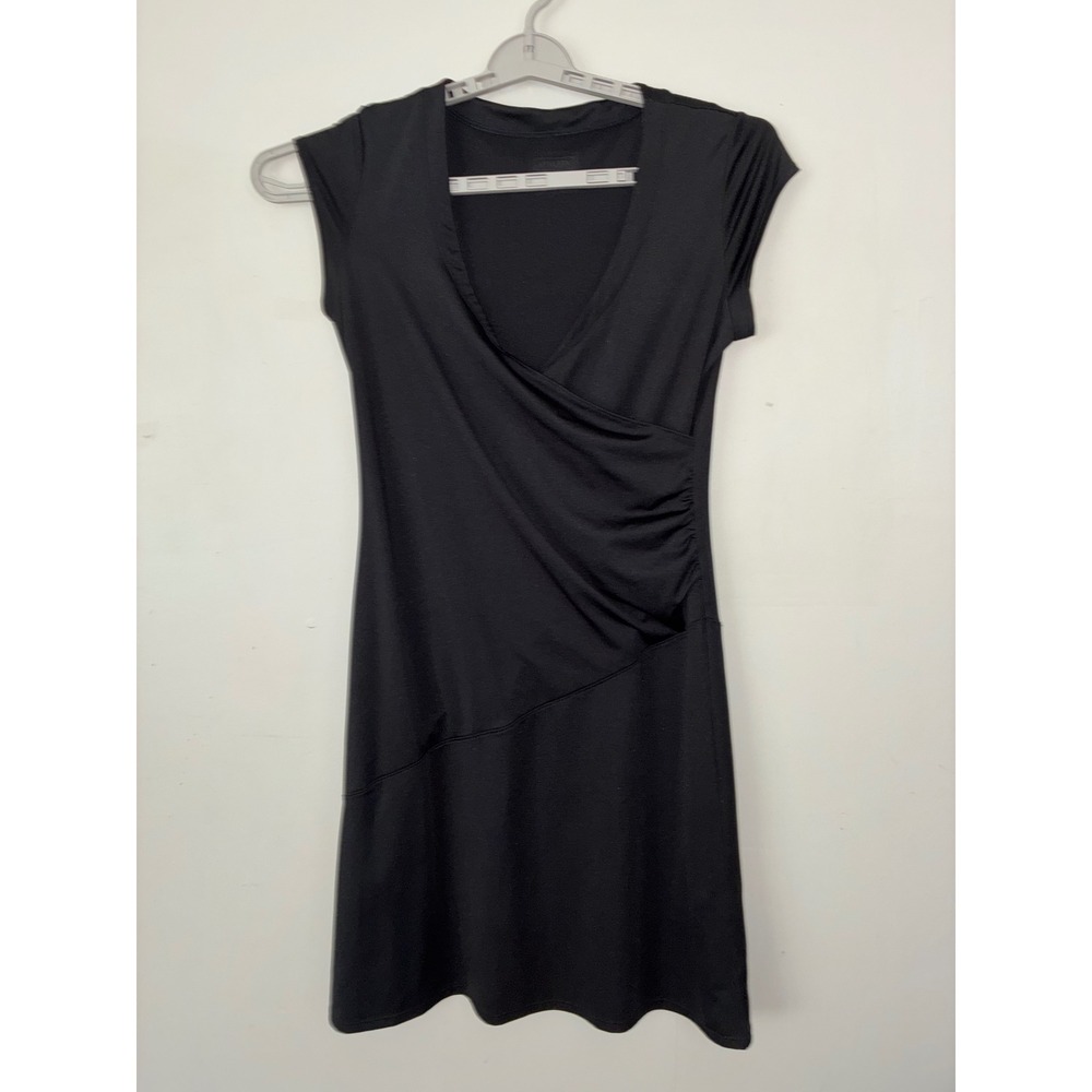 Athleta Santorini Dress Women Medium Black Faux Wrap Ruched V-Neck Athleisure